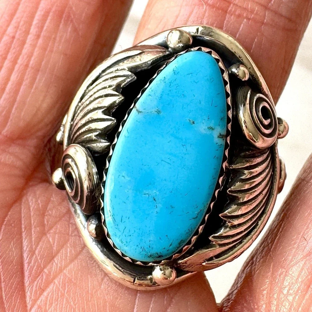Navajo Turquoise Mens Ring Sz 11 Leaf Feather Signed Morgan Sterling Native Amer